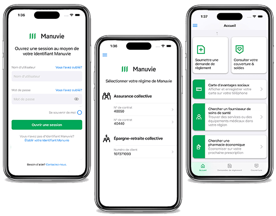 Trois captures d’écran de l’application Services mobiles Manuvie.
