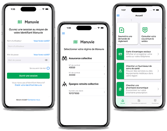 Trois saisies d’écran de l’application Services mobiles Manuvie qui montrent l’écran d’ouverture de session, l’écran de choix du régime et l’écran de la page d’accueil sécurisée de votre régime.