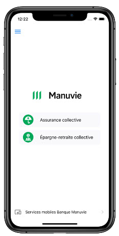 Écran d'accueil de l’application Services mobiles Manuvie avec deux boutons pour selectioner l'assurance collective ou l'épargne-retraite collective.