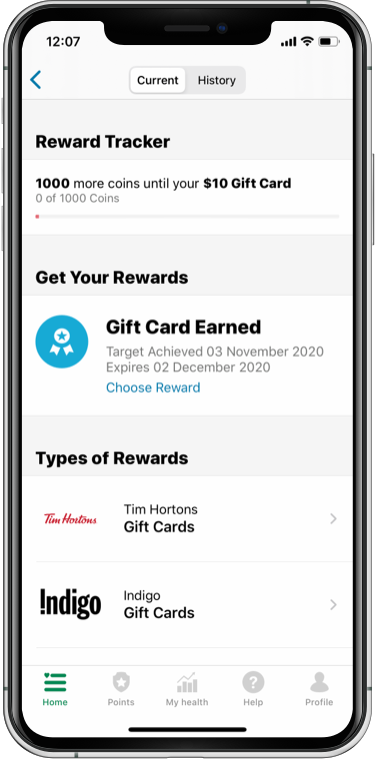 Rewards tracker screen from the Manulife Vitality Group Benefits App