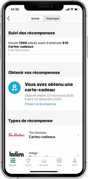 Affichez votre suivi des récompenses et votre écran de solde de pièces Vitality dans l'application Manuvie Vitality