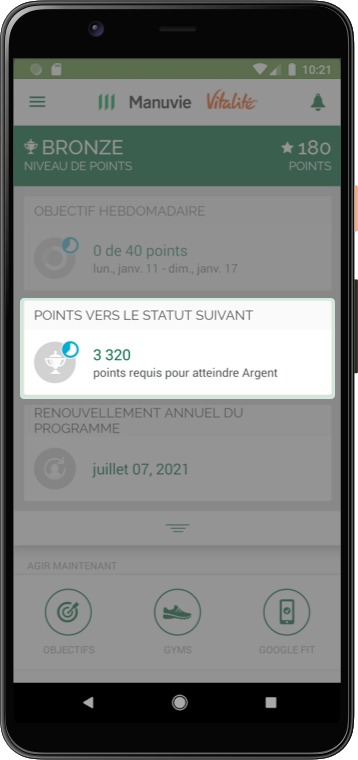 Capture d'écran soulignant une option du menu Points vers le statut suivant
