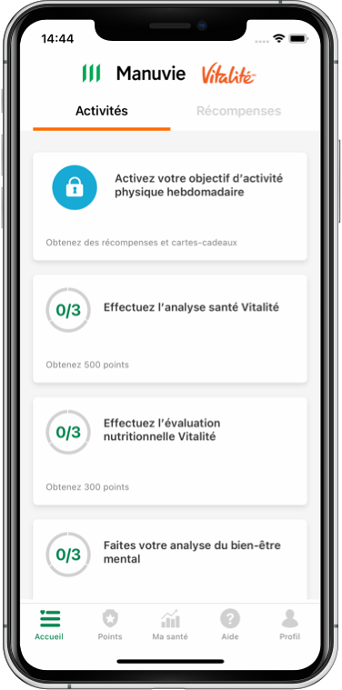 Capture d'écran de l'application Manuvie Vitalité pour l'assurance collective sur un téléphone iOS