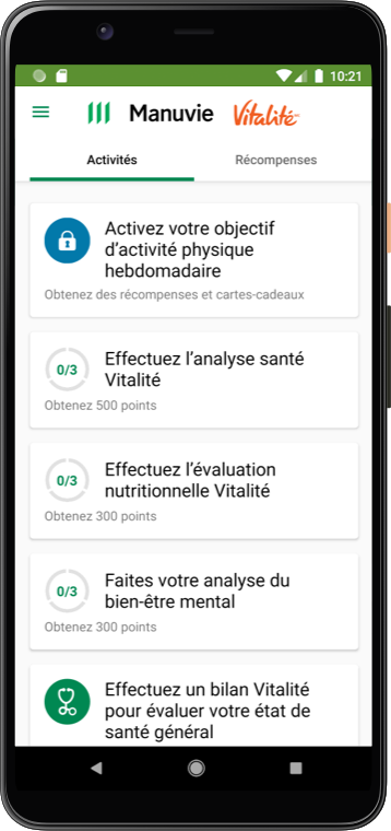 Capture d'écran de l'application Manuvie Vitalité pour l'assurance collective sur un téléphone Android