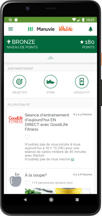 Capture d'écran de l'application Manuvie Vitalité sur un téléphone Android