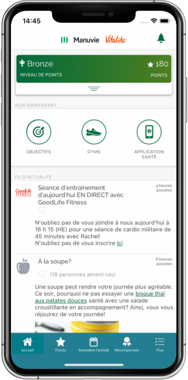 Capture d'écran de l'application Manuvie Vitalité sur un téléphone iOS