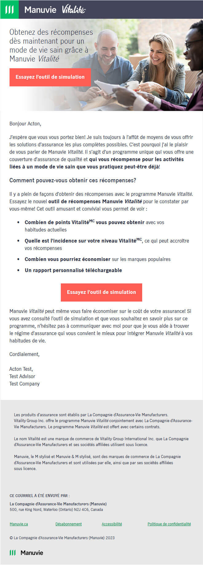 Exemple de trousse pour le simulateur de récompenses de courriel de soutien vos clients la valeur incroyable qu’ils pourraient tirer du programme Manuvie Vitalité!