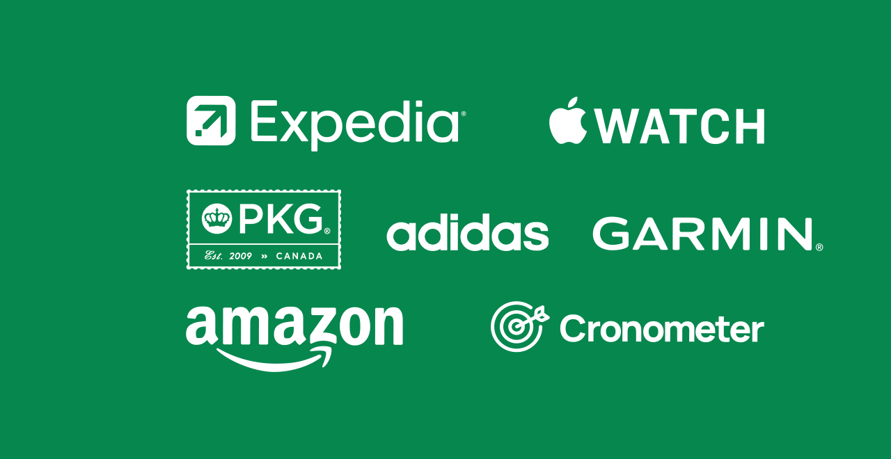 Logos: Expedia, Apple, Garmin, PKG Carry Goods, adidas, Amazon, Cronometer